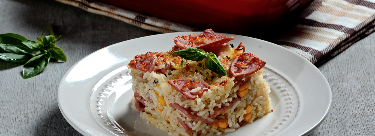 Arroz al gratín con Salchichón Cervecero